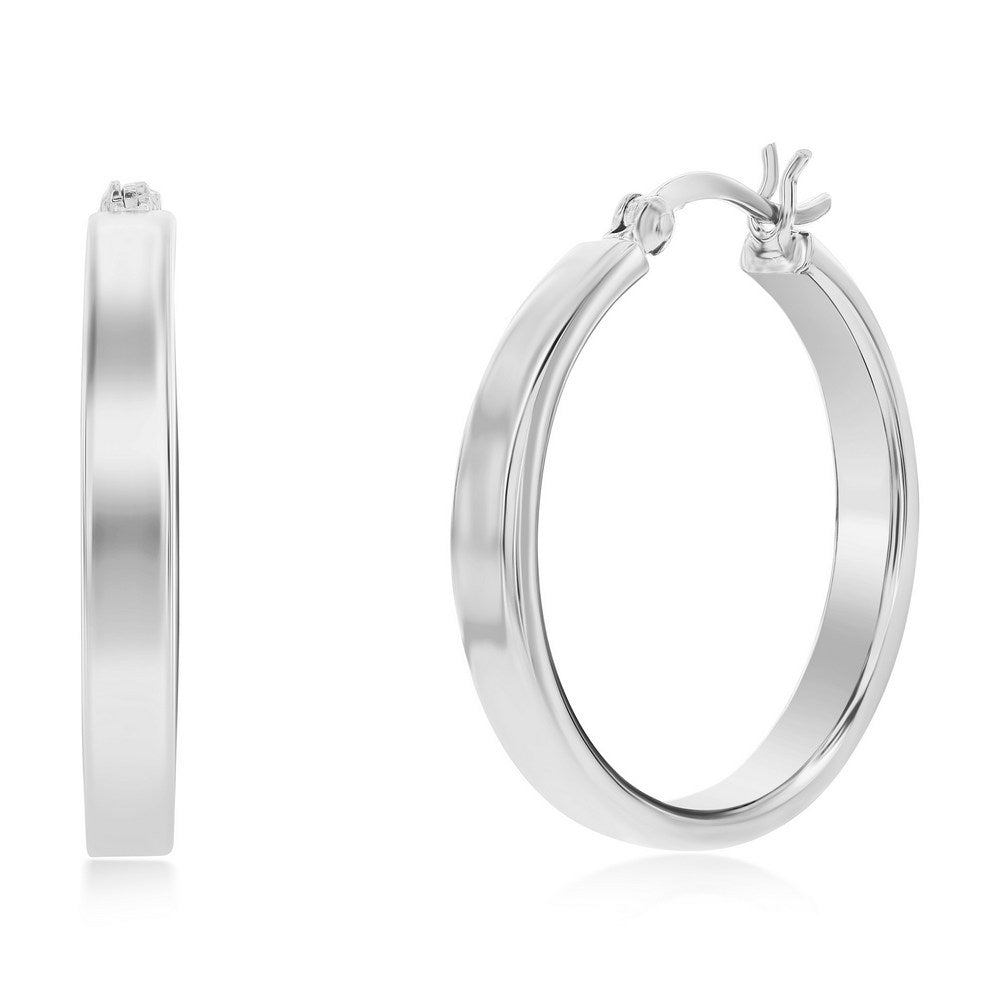 Sterling Silver 4x29mm Fancy Flat Hoop Earrings - Rhodium Plated