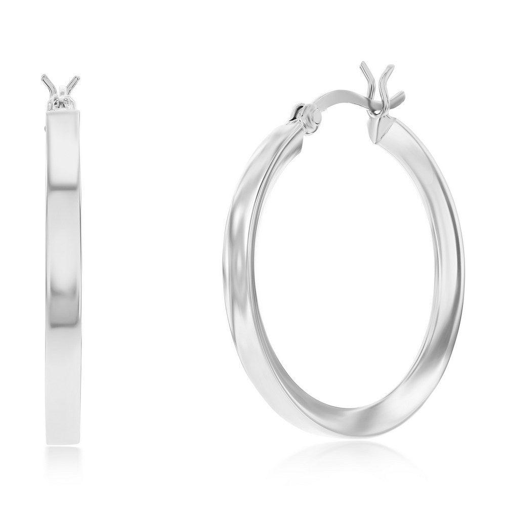 Sterling Silver 3x30mm Fancy Flat Hoop Earrings - Rhodium Plated