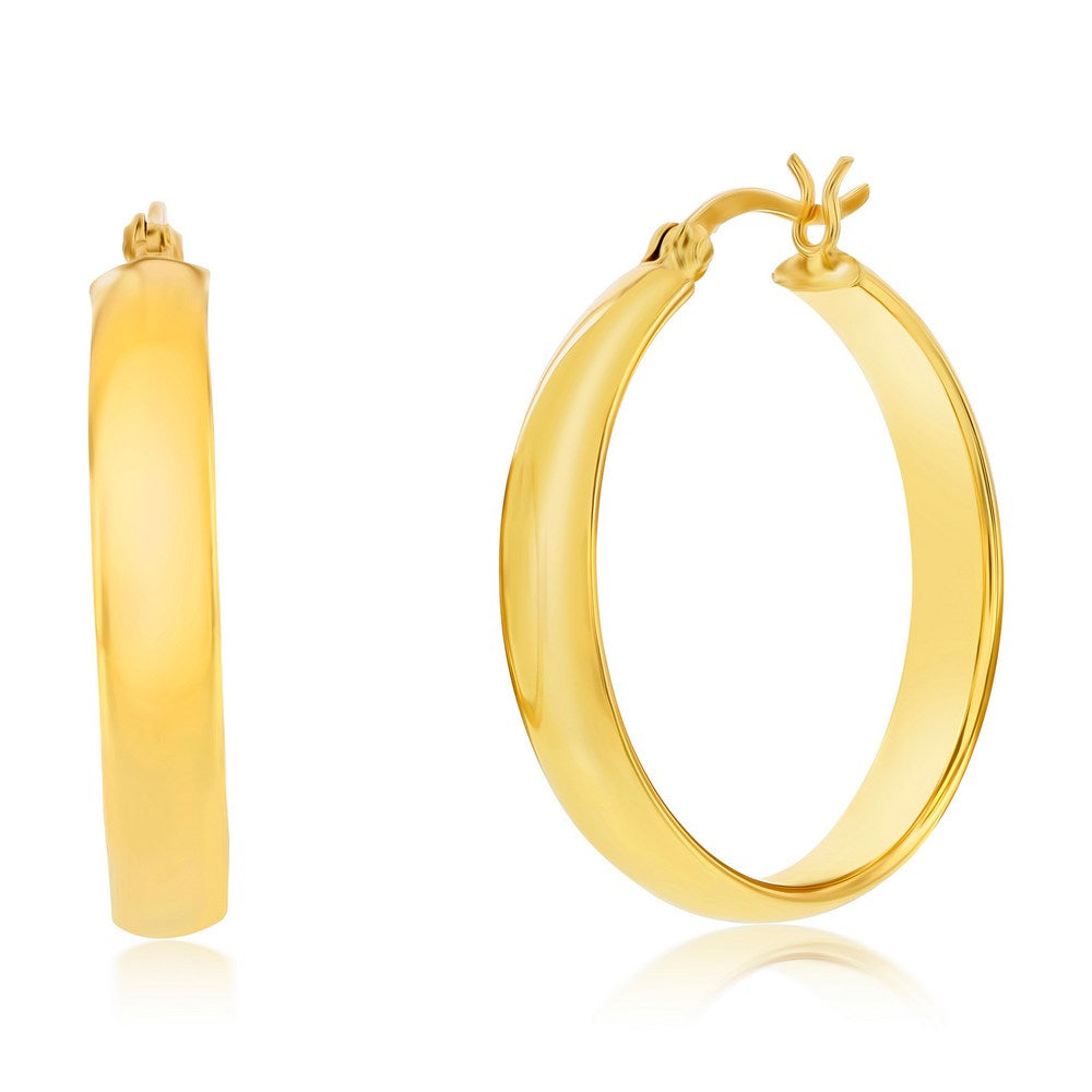 Sterling Silver 5x31mm Fancy Flat Hoop Earrings - Gold Plated