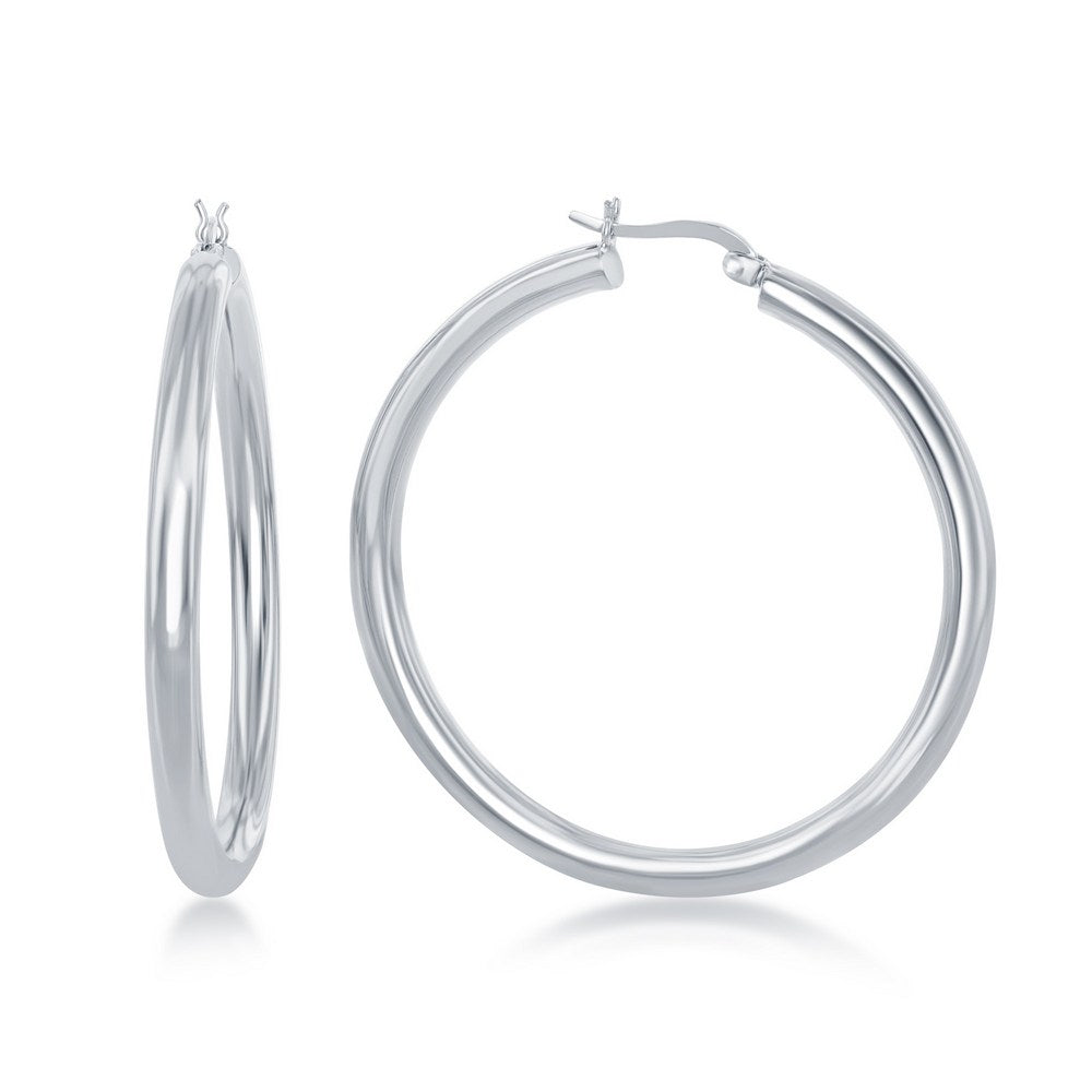 Sterling Silver 3x40mm High-Polished Hoop Earrings - Rhodium Plated