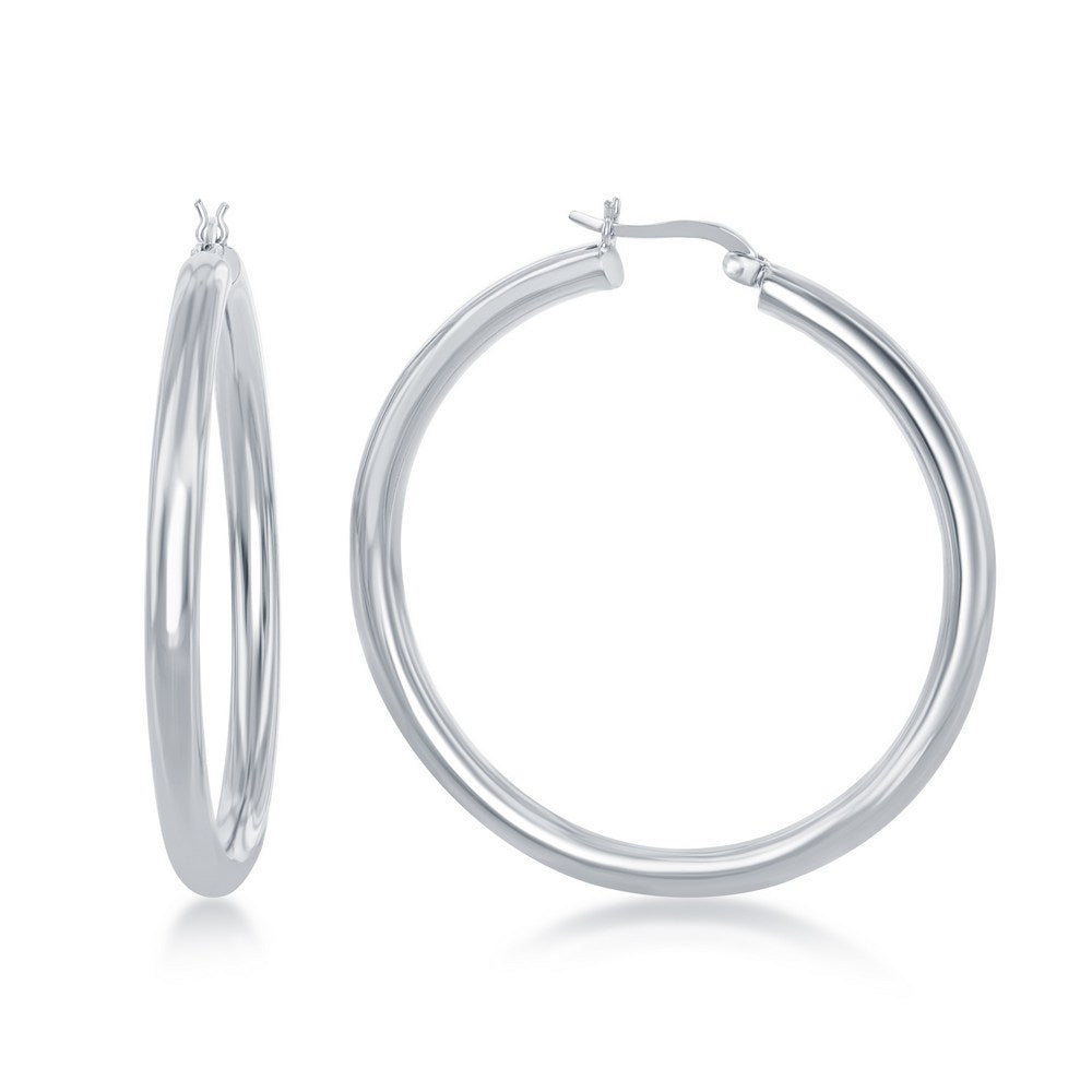 Sterling Silver 4x50mm High-Polished Hoop Earrings - Rhodium Plated