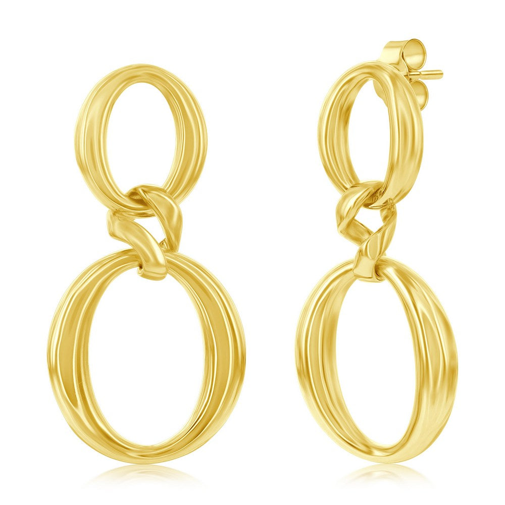 Sterling Silver High Polished Double Oval Dangle Earrings - Gold Plated