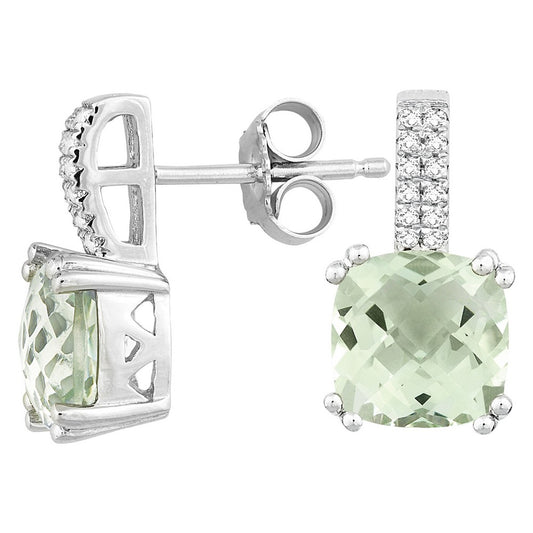 Sterling Silver 4.495 ct Cushion Green Amethyst with .192 ct White Topaz Earring
