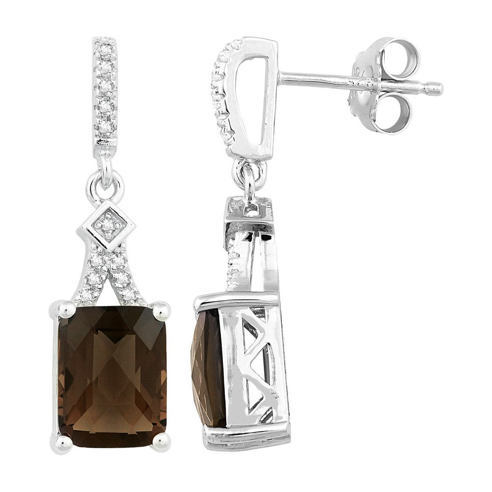 Sterling Silver 4.692 ct Octagon Smoky Quartz with .238 ct White Topaz Earring