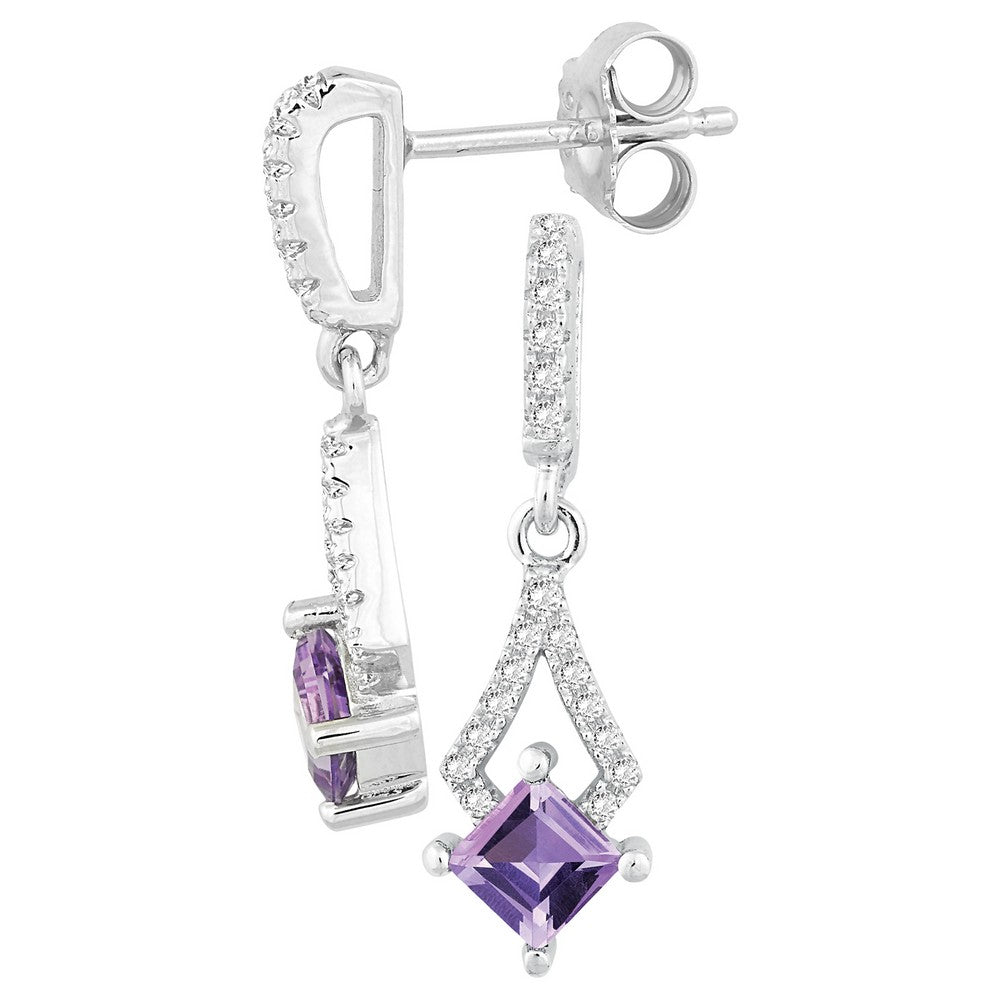 Sterling Silver .71 ct Square Amethyst with .34 ct White Topaz Earring