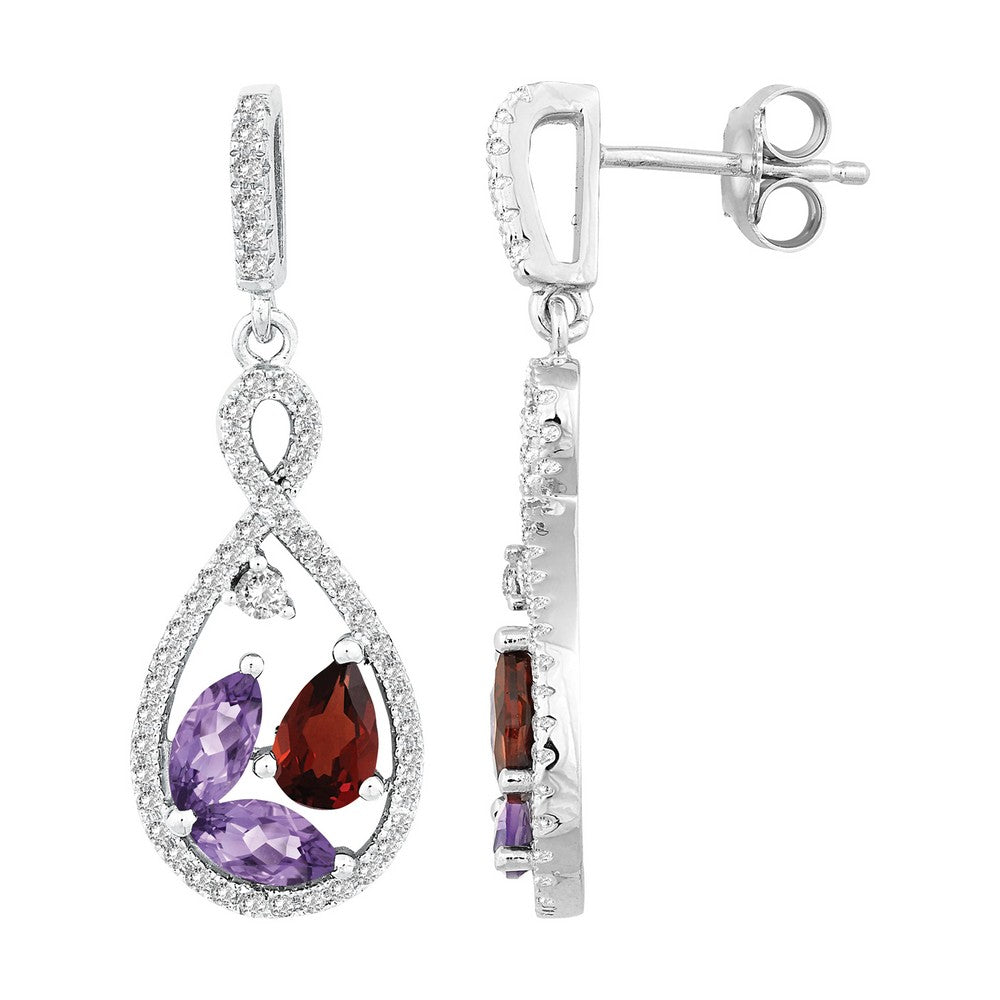 Sterling Silver 2.12 ct Pear Amethyst and Garnet with .883 ct White Topaz Earring