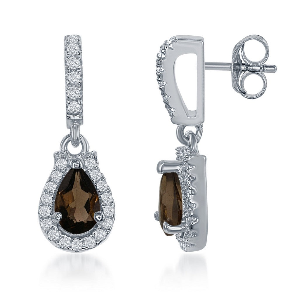 Sterling Silver .76 ct Pear Smoky Quartz with .398 ct White Topaz Earring