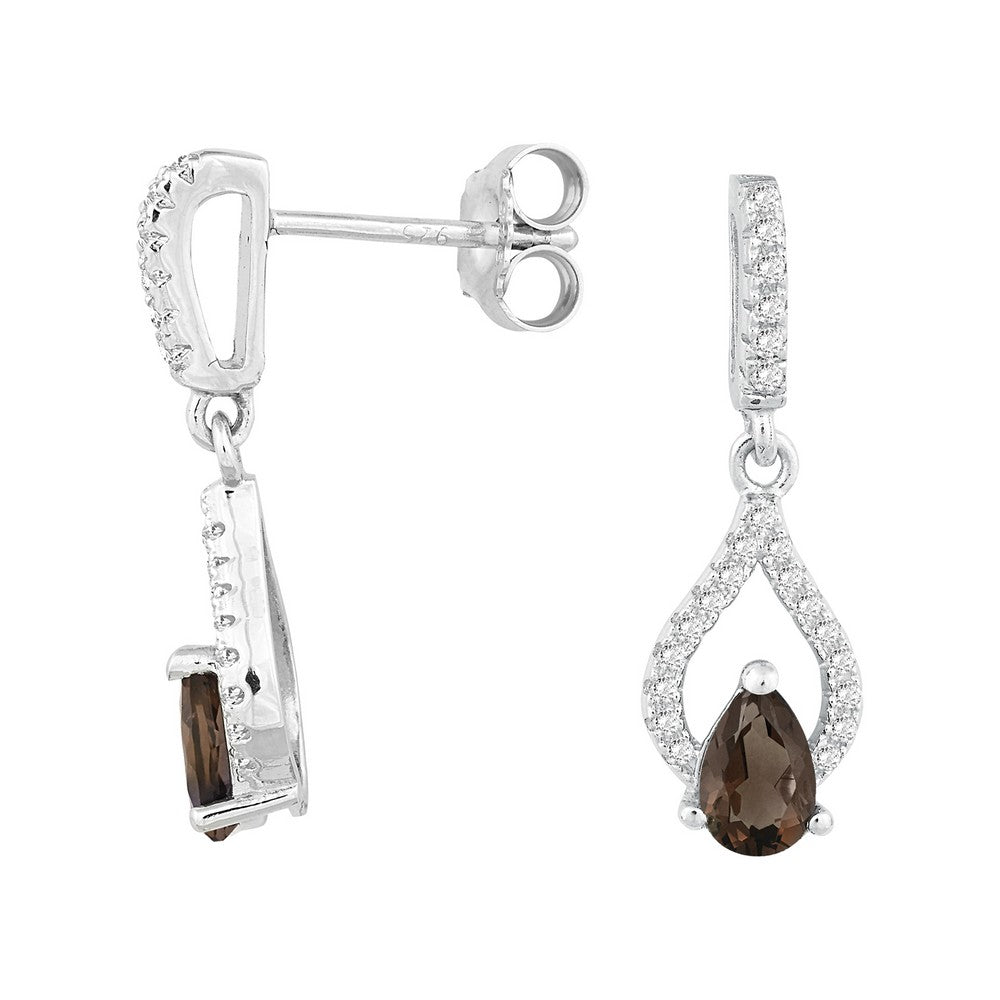 Sterling Silver .76 ct Pear Smoky Quartz with .398 ct White Topaz Earring