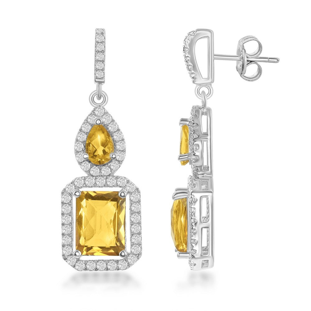 Sterling Silver Small Citrine Teardrop with Larger Citrine and White Topaz Border 6.32cttw Earring