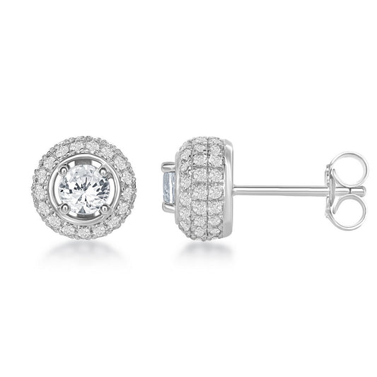 Sterling Silver 4mm Round White Topaz Surrounded by White Topaz Stud 1.81cttw Earrings