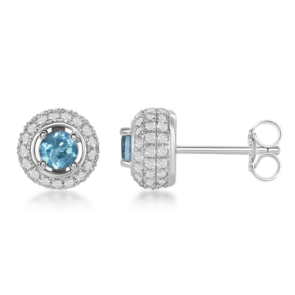 Sterling Silver 4mm Round Blue Topaz Surrounded by White Topaz 1.83cttw Stud Earrings