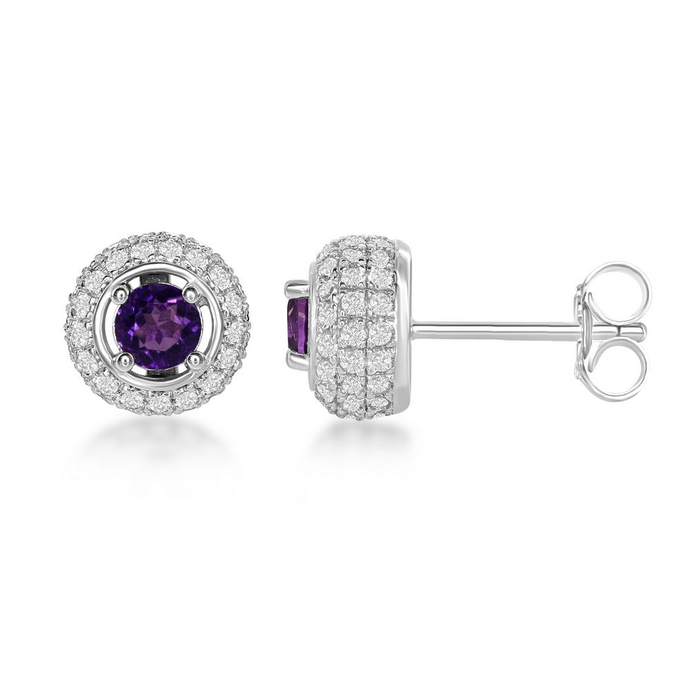 Sterling Silver 4mm Round Purple Amethyst Surrounded by White Topaz 1.61cttw Stud Earrings