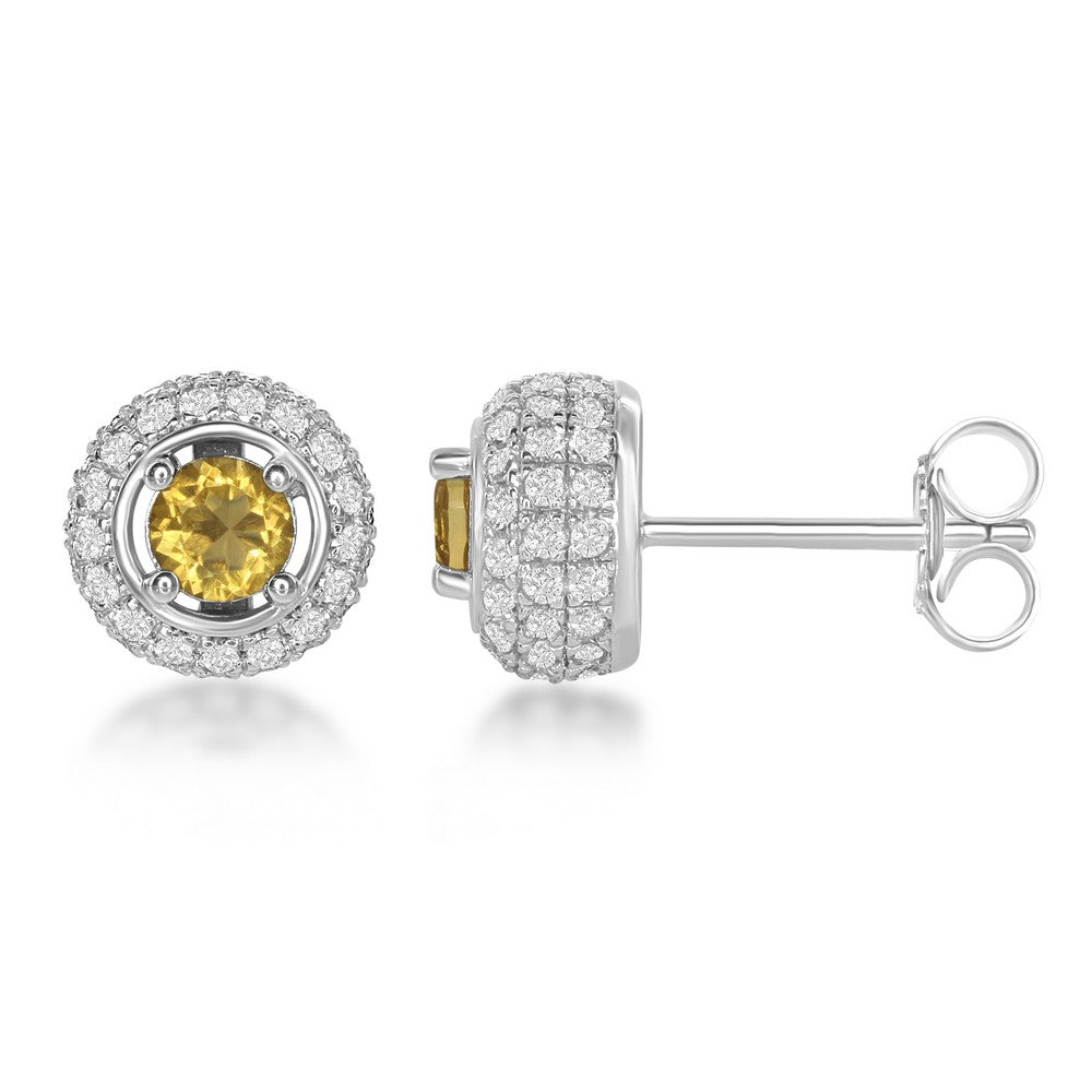 Sterling Silver 4mm Round Citrine Surrounded by White Topaz 1.62cttw Stud Earrings