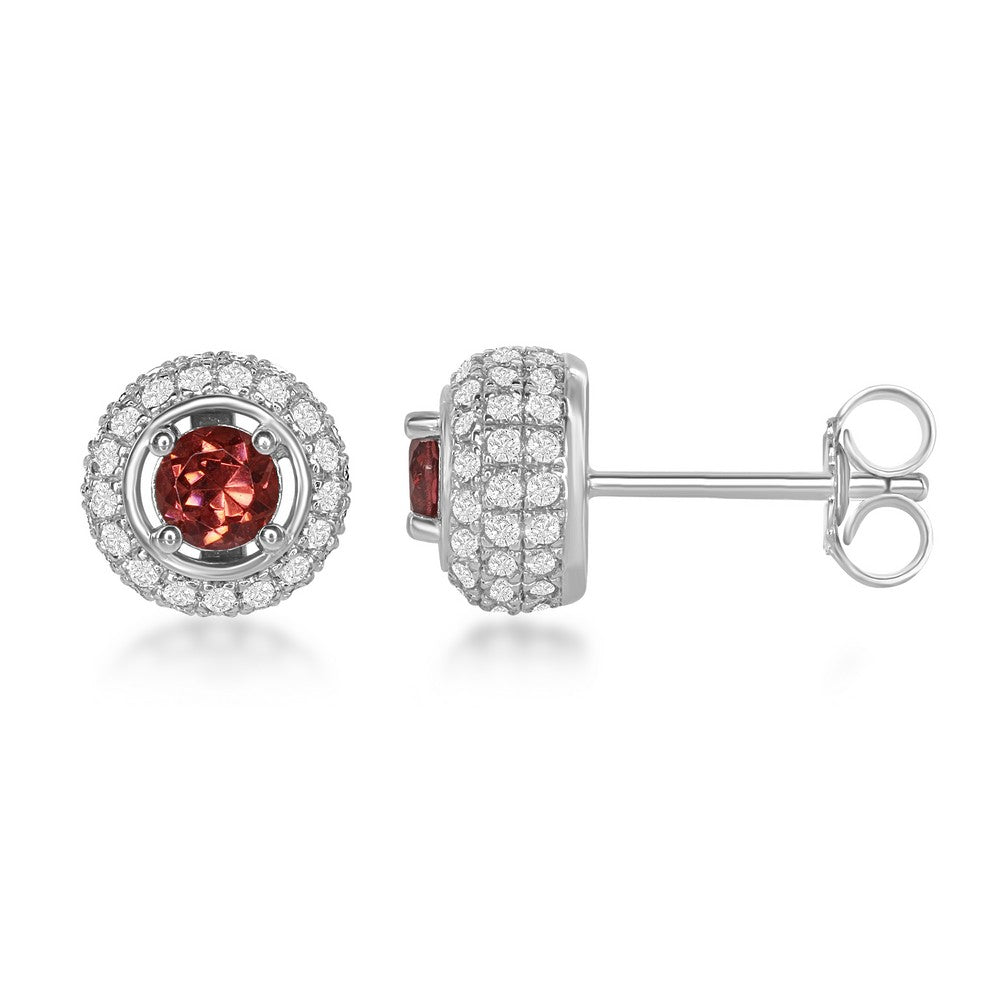 Sterling Silver 4mm Round Garnet Surrounded by White Topaz 1.87cttw Stud Earrings