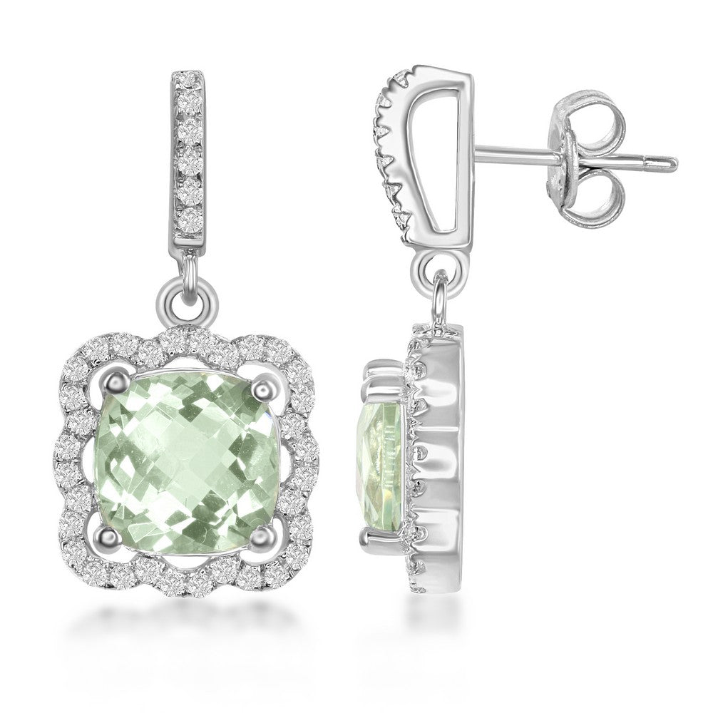 Sterling Silver Square Green Amethyst with Scalloped White Topaz Border 5.14cttw Earrings