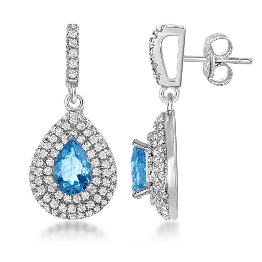 Sterling Silver Blue Topaz Teardrop with Triple Row White Topaz Border 2.34cttw Earrings