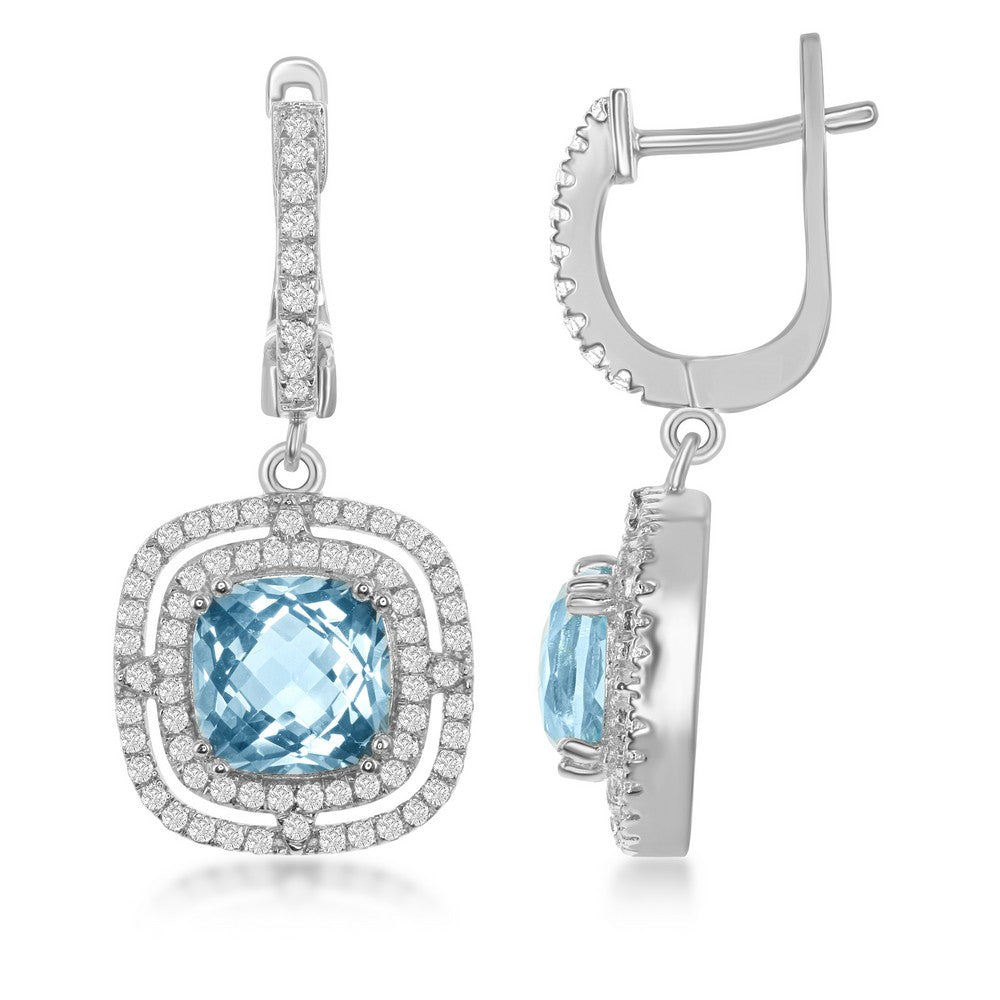 Sterling Silver Square Blue Topaz with Double White Topaz Border 6.61cttw Earrings