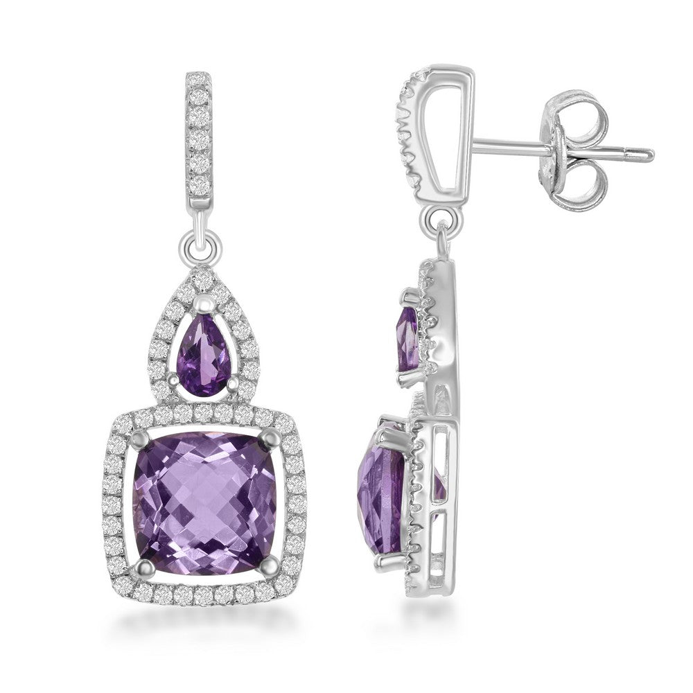 Sterling Silver Square Amethyst Center with White Topaz Border 5.24cttw Earrings