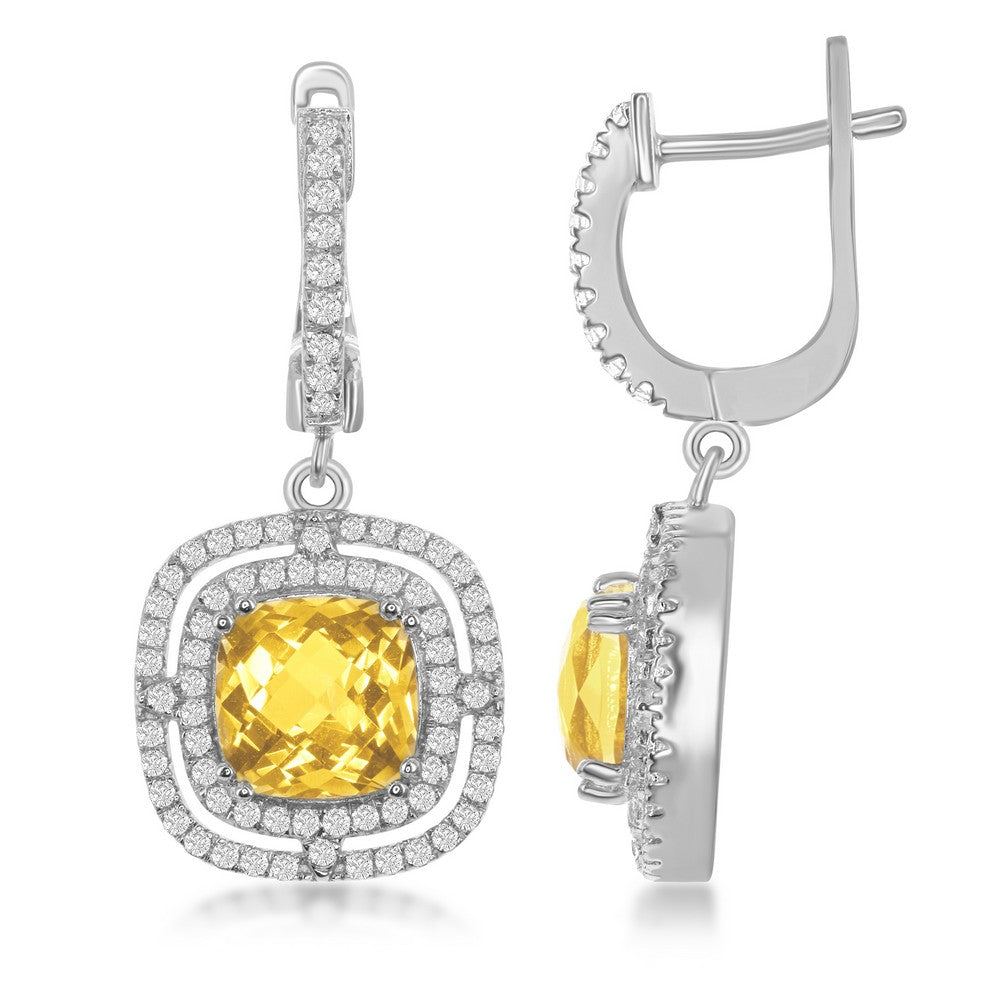 Sterling Silver Square Citrine with Double White Topaz Border 5.25cttw Earrings