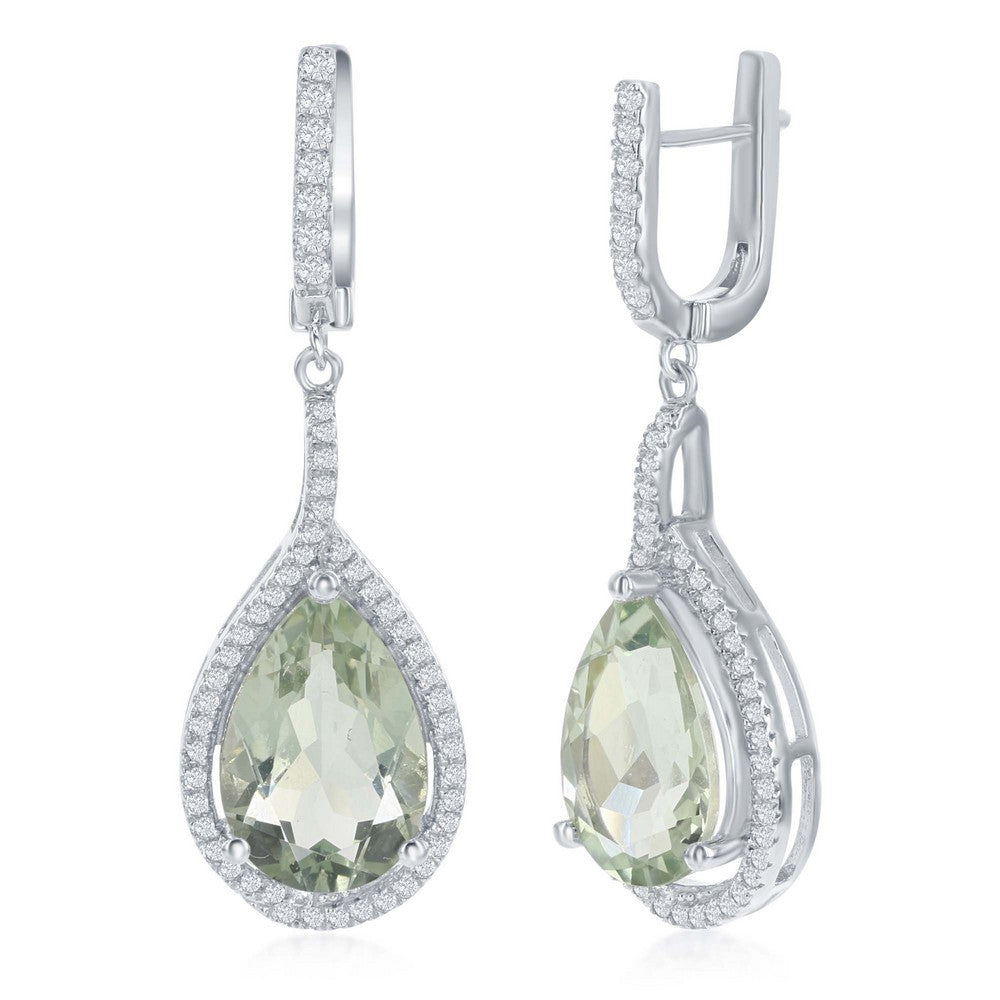 Sterling Silver Center 11.5ctw Green Amethyst with 1.0ctw White Topaz Border Teardrop Earrings