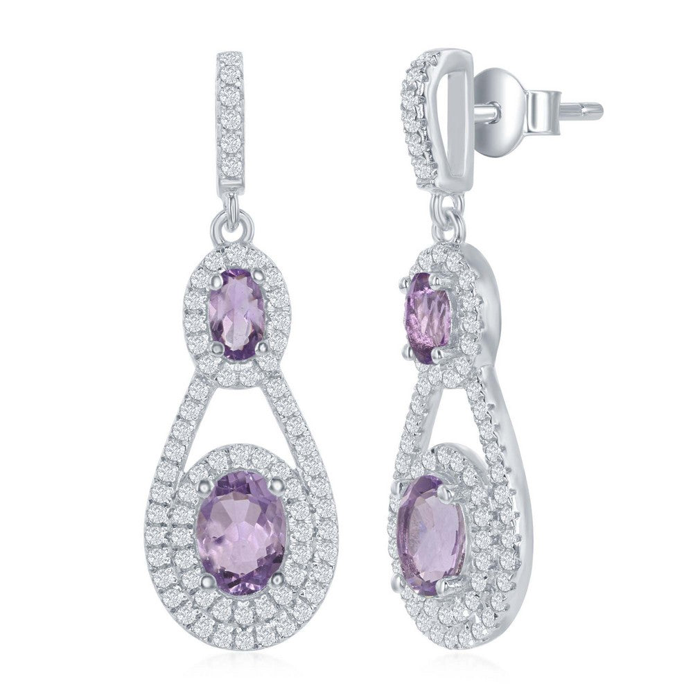 Sterling Silver Double Oval 2.25ctw White Topaz Teardrop 1.15ctw Amethyst Earrings