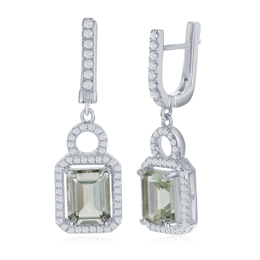 Sterling Silver Center 4.6ctw Green Amethyst with 0.9ctw White Topaz Border Earrings