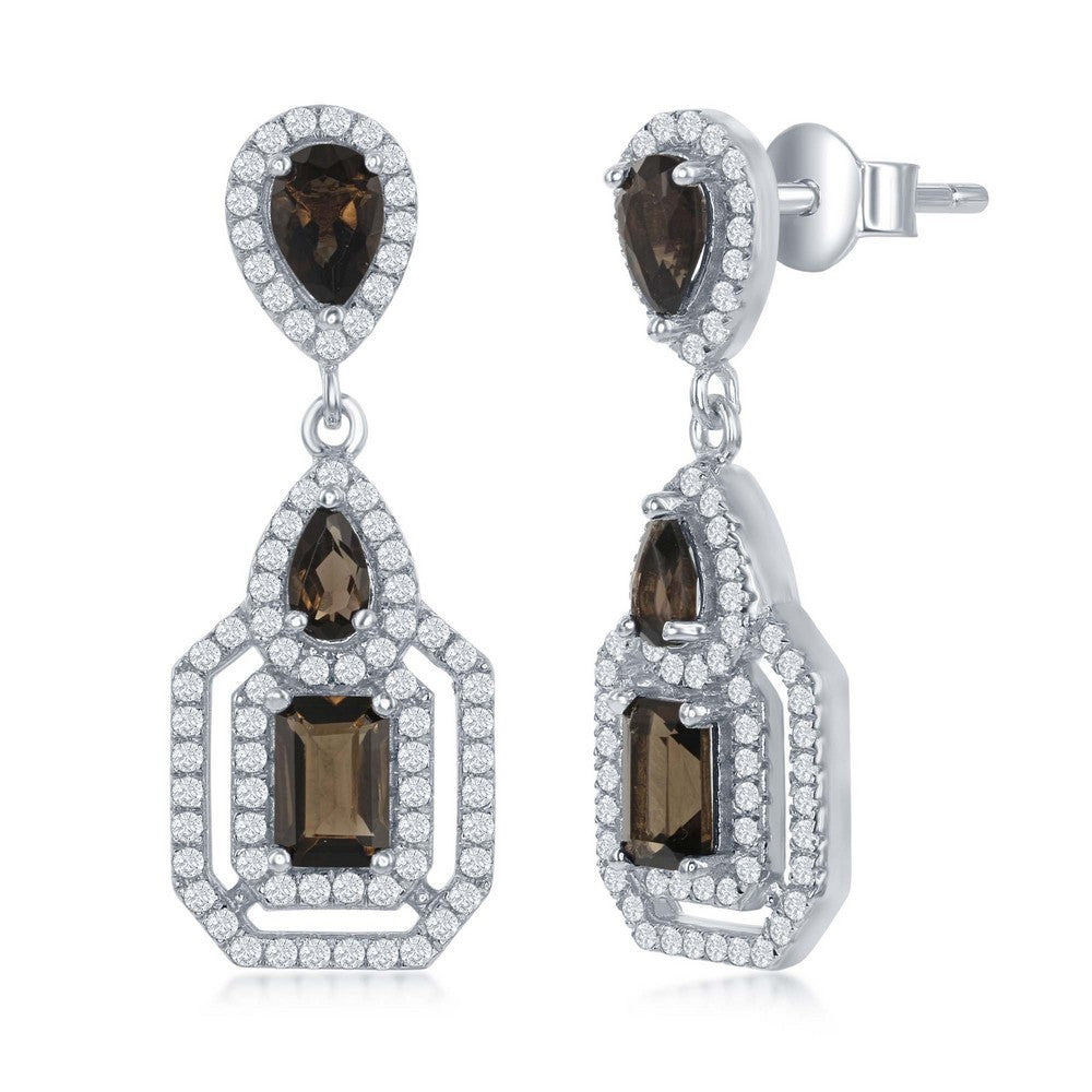 Sterling Silver Center 2.2ctw Smokey Square with 1.55ctw White Topaz Border Hexagon Earrings