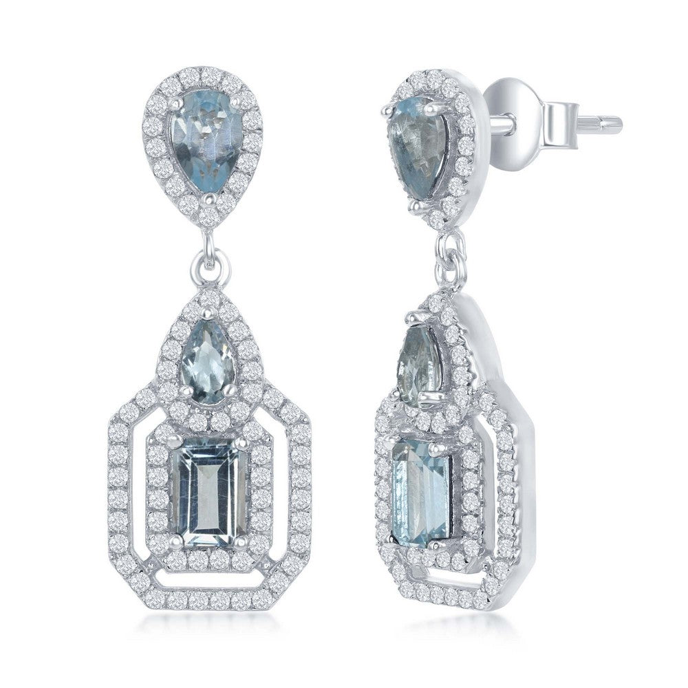 Sterling Silver Center 2.9ctw Sky Blue with 1.55ctw White Topaz Border Hexagon Earrings