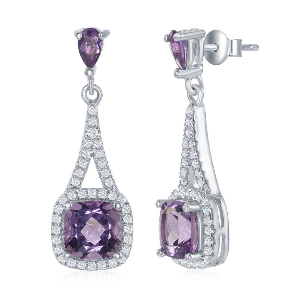 Sterling Silver Long Sqaure 3.1ctw Amethyst with 0.6ctw White Topaz Border Earrings