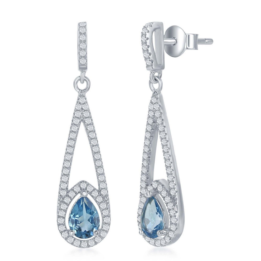 Sterling Silver Long Open 0.9ctw White Topaz with Smaller 1.6ctw Swiss Blue Teardrop Earrings