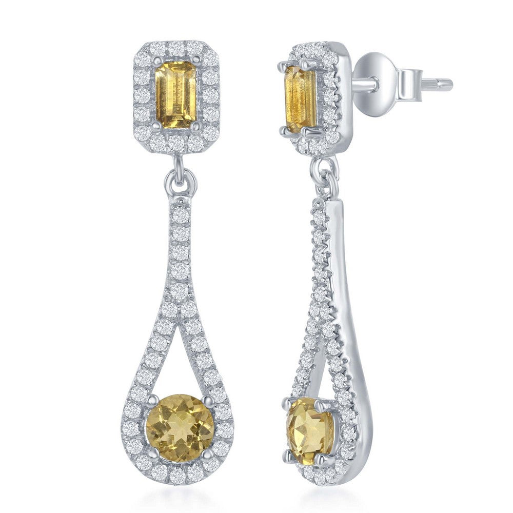 Sterling Silver Square and Round .15ctw Citrine with 1.0ctw White Topaz Teardrop Earrings