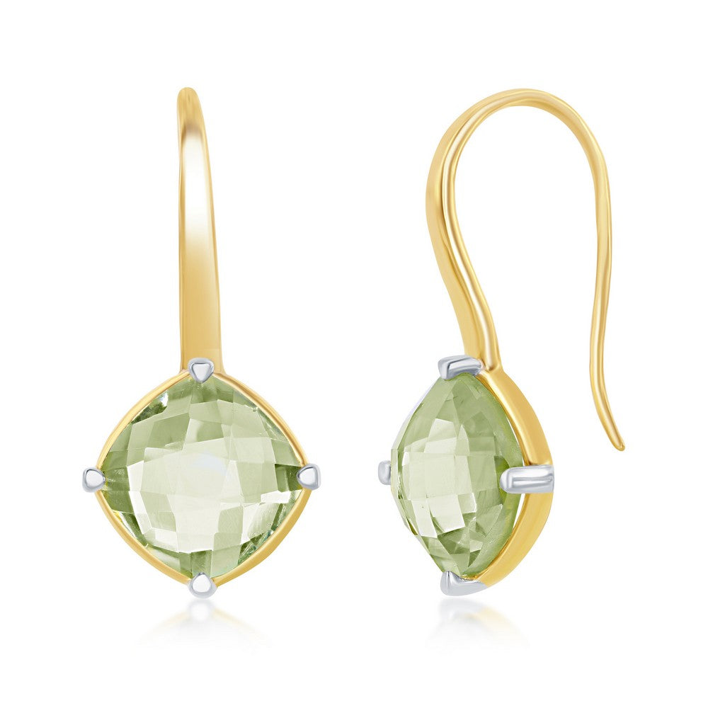 Sterling Silver Gold Plated Four-Prong Diamond-Shaped Checkered 6.88cttw Green Amethyst Earrings