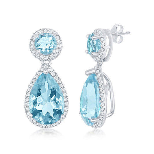Sterling Silver Round & Pear-Shaped 1.337cttw Blue Topaz with 0.922cttw White Topaz Border Earrings