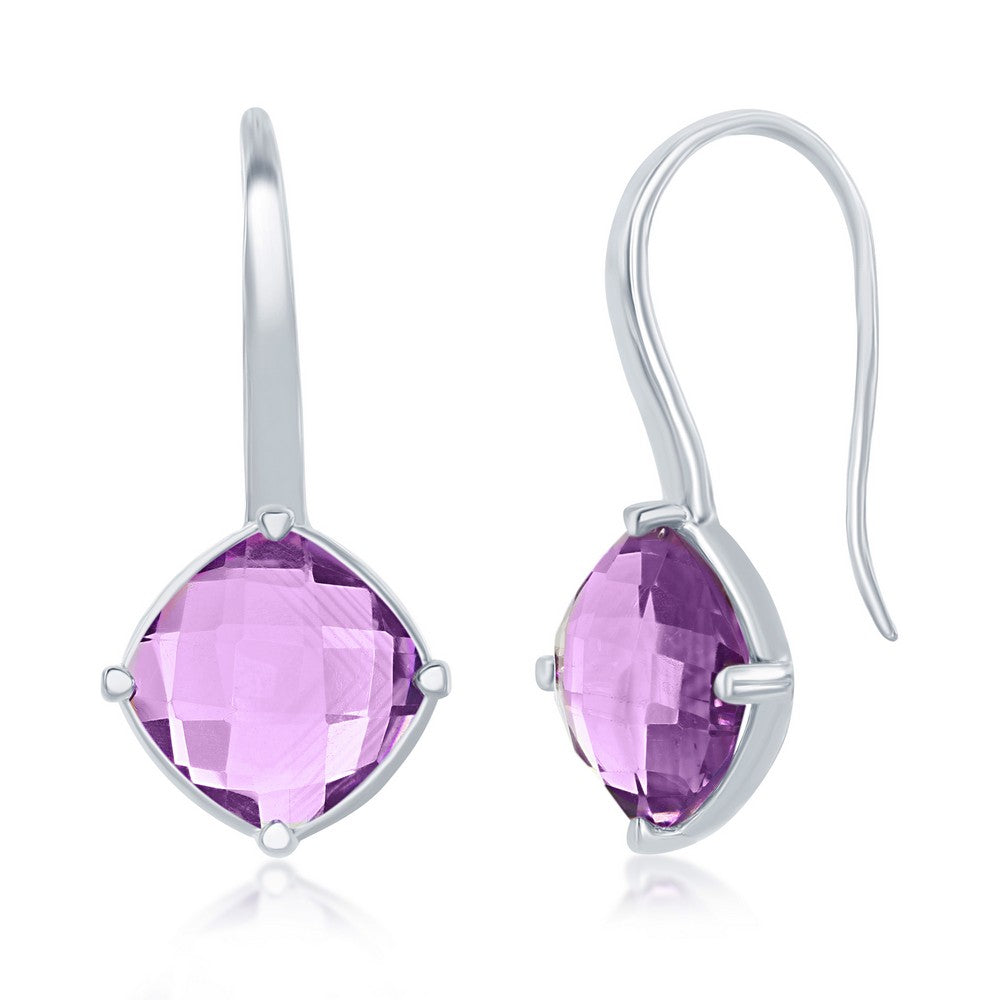 Sterling Silver Four-Prong Diamond-Shaped Checkered 1.329cttw Amethyst Earrings