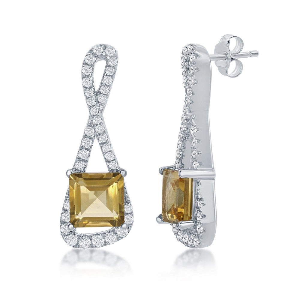 Sterling Silver 0.76cttw White Topaz Infinity Design with Four-Prong 2.56cttw Citrine Earrings