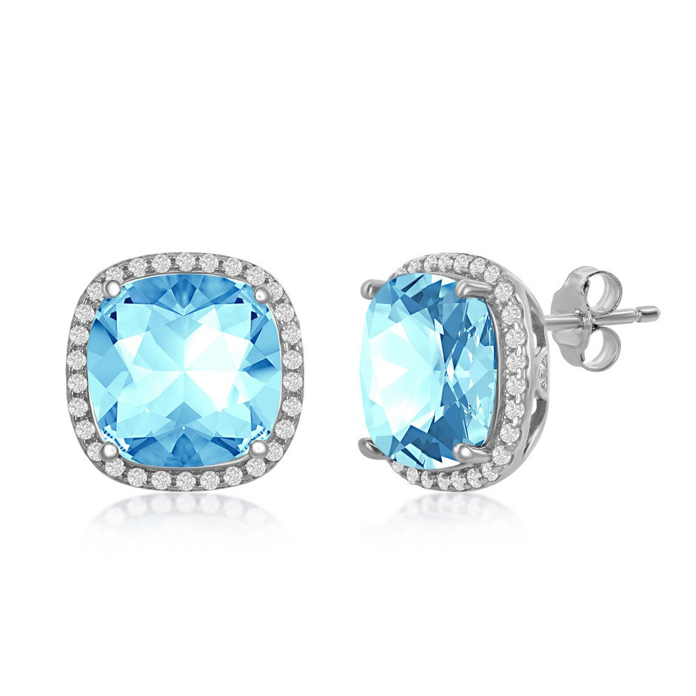 Sterling Silver CZ and 10mm Cushion Square Aqua Swarovski Element Earrings