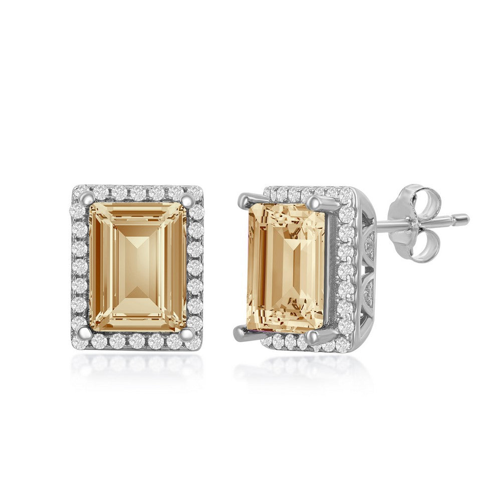 Sterling Silver CZ 8x6mm Rectangular Step-Cut Golden Shadow Swarovski Element Earrings