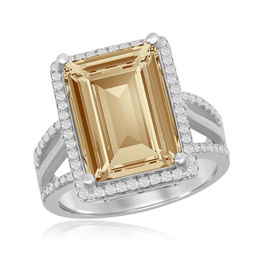 Sterling Silver 14x10mm Emerald-Cut Halo CZ - Golden Shadow Swarovski Element Ring
