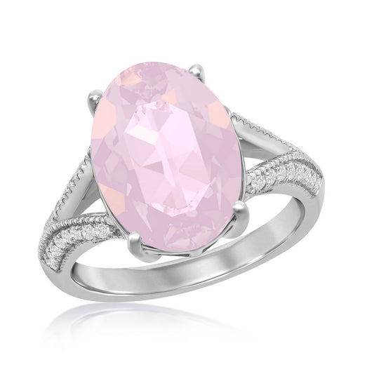 Sterling Silver 14x10mm Oval w/ CZ Open Shank - Pink Opal Swarovski Element Ring