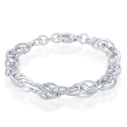 Sterling Silver Alternating Polished & Diamond-Cut Oval Linked Bracelet, MADE IN ITALY