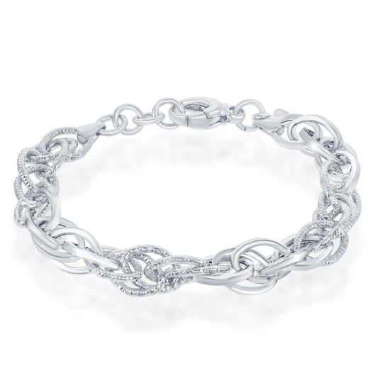 Sterling Silver Alternating Polished & Diamond-Cut Oval Linked Bracelet, MADE IN ITALY