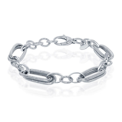 Sterling Silver Rope Design Oval and Round Linked Bracelet, MADE IN ITALY