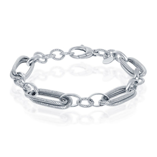 Sterling Silver Rope Design Oval and Round Linked Bracelet, MADE IN ITALY