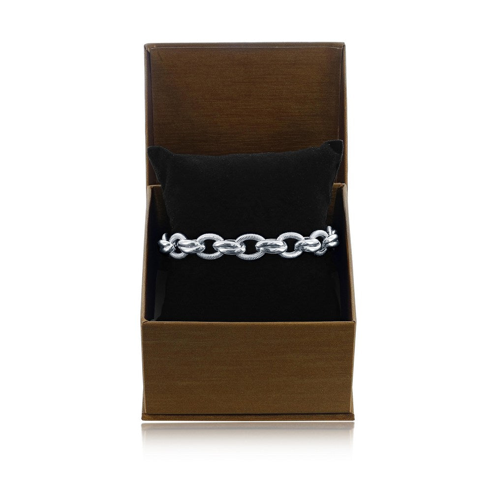 Sterling Silver Rope Design Double Oval Linked Bracelet, MADE IN ITALY