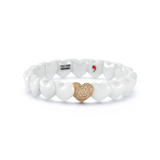 White Ceramic Heart Bracelet with 1 Champagne Diamond Heart