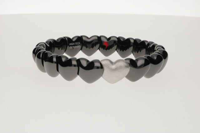 Black Ceramic Heart Bracelet with 1 Matte White Gold Heart