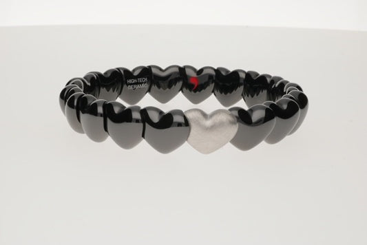 Black Ceramic Heart Bracelet with 1 Matte White Gold Heart