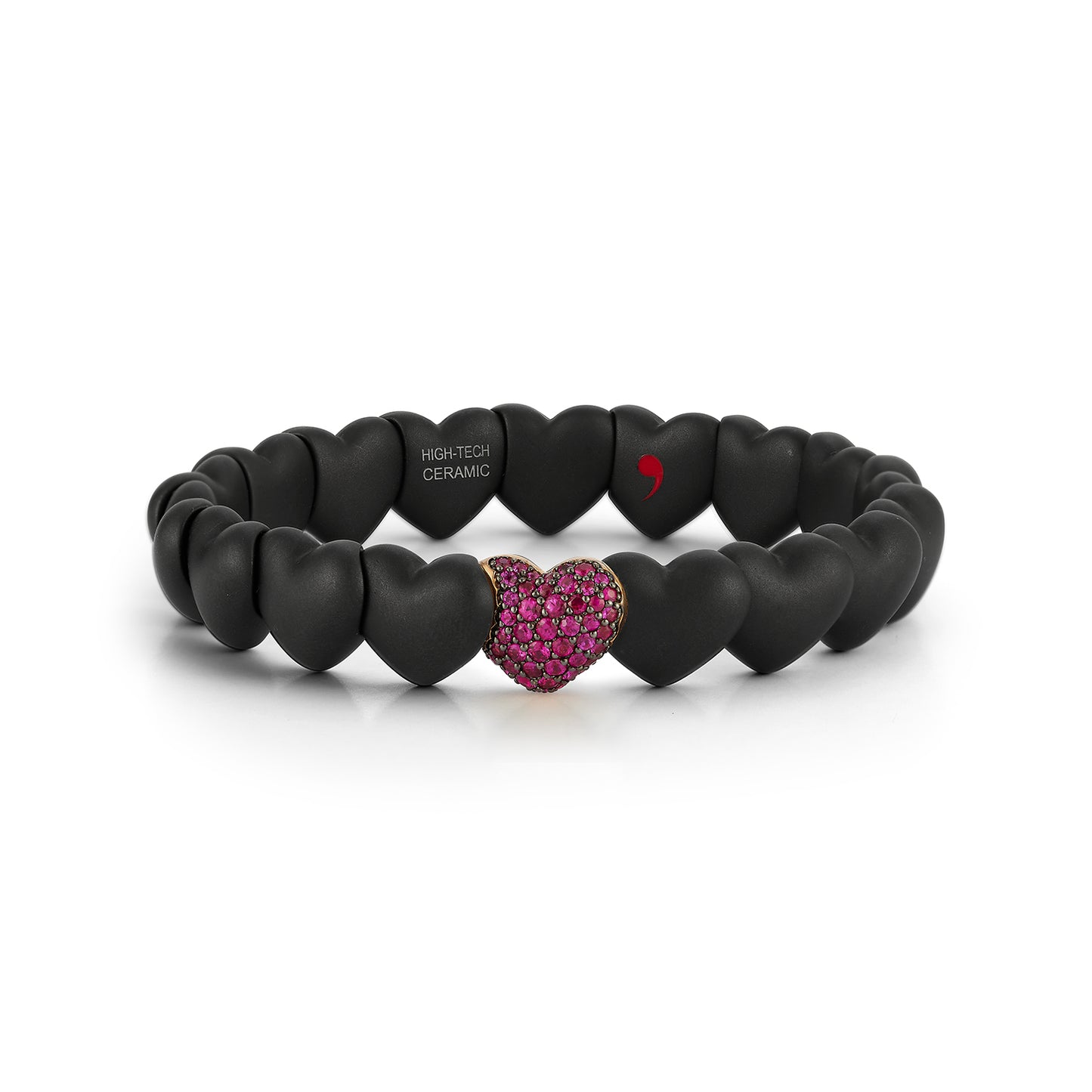 Matte Black Ceramic Heart Bracelet with 1 Ruby Heart