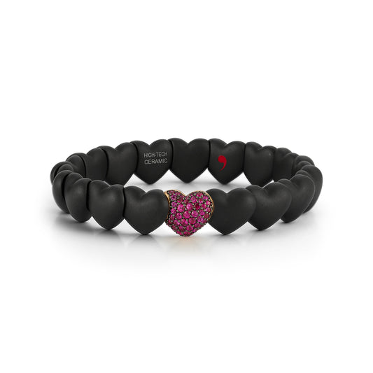 Matte Black Ceramic Heart Bracelet with 1 Ruby Heart