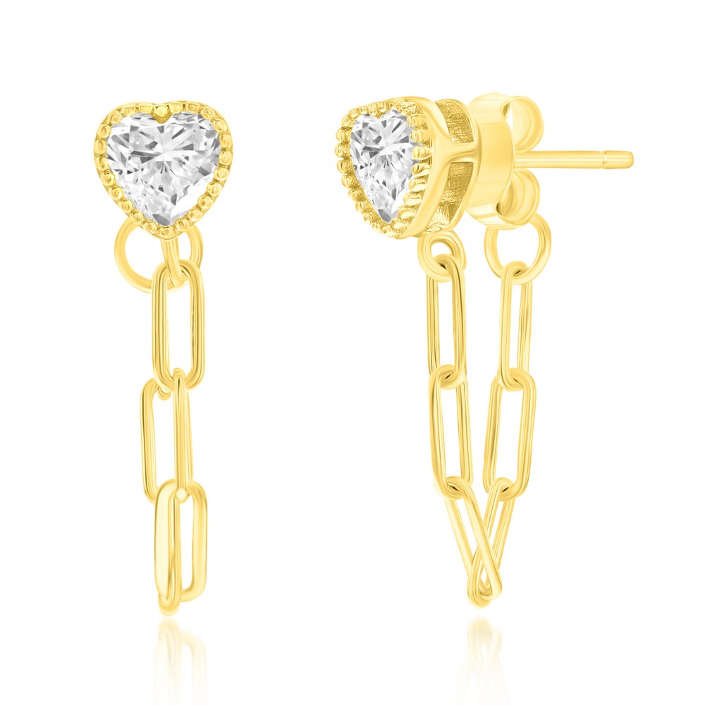 Sterling Silver Heart CZ Paperclip Earrings - Gold Plated